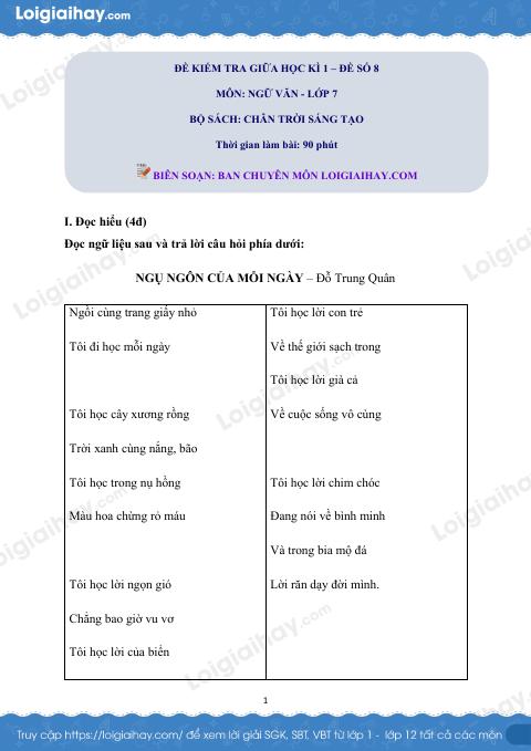 Đề thi giữa kì 1 Văn 7 Chân trời sáng tạo - Đề số 8